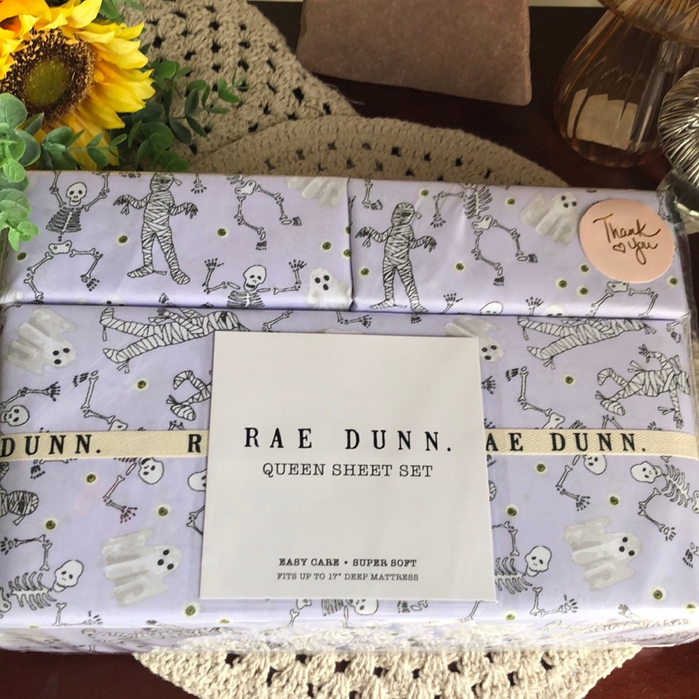 Rae Dunn Halloween Skeletons, Mummy’s and Ghosts Purple Sheet Set - QUEEN